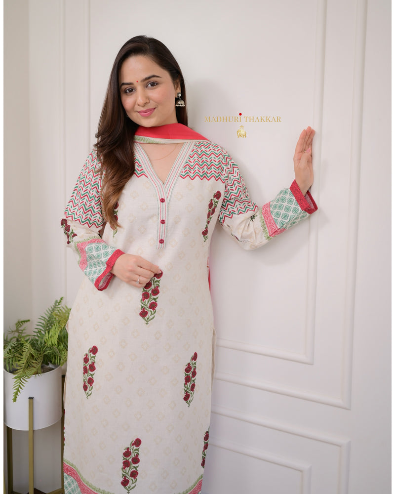 Ivory Red Floral Cotton Suit
