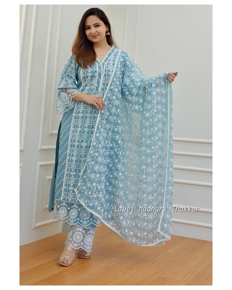 Blue Schiffli Pakistani Suit