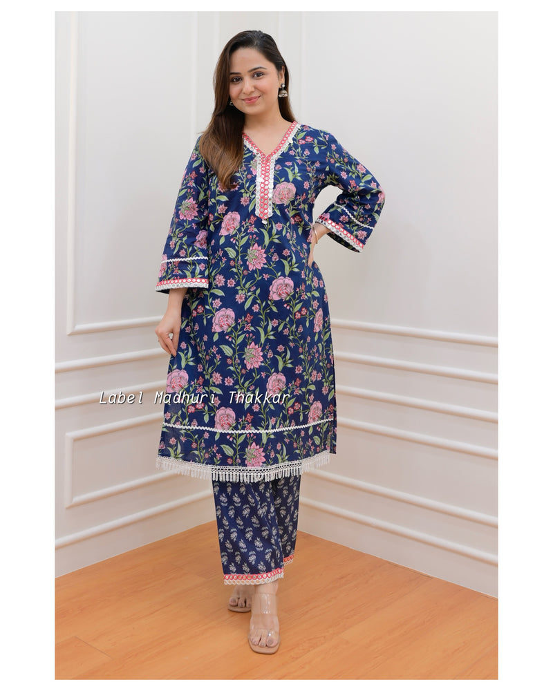 Navy Blue Floral Pakistani Cotton Suit
