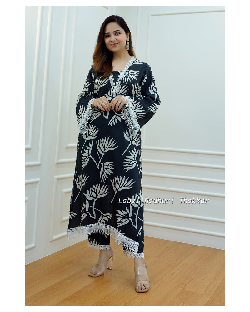 Black Muslin Floral Lace Kurta Set