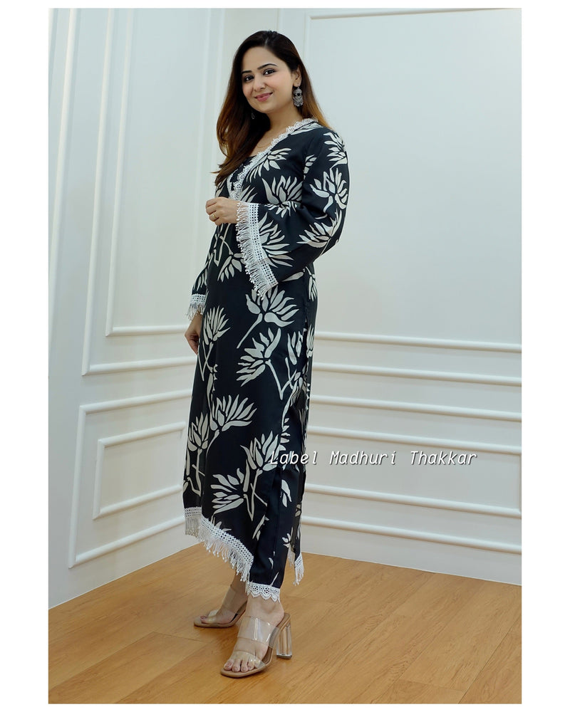 Black Muslin Floral Lace Kurta Set