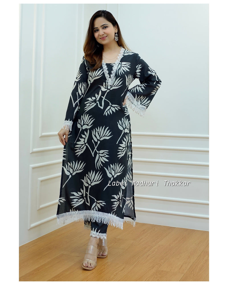 Black Muslin Floral Lace Kurta Set