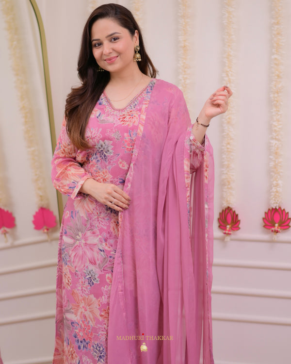 Onion Pink Floral Chinnon Handwork Suit