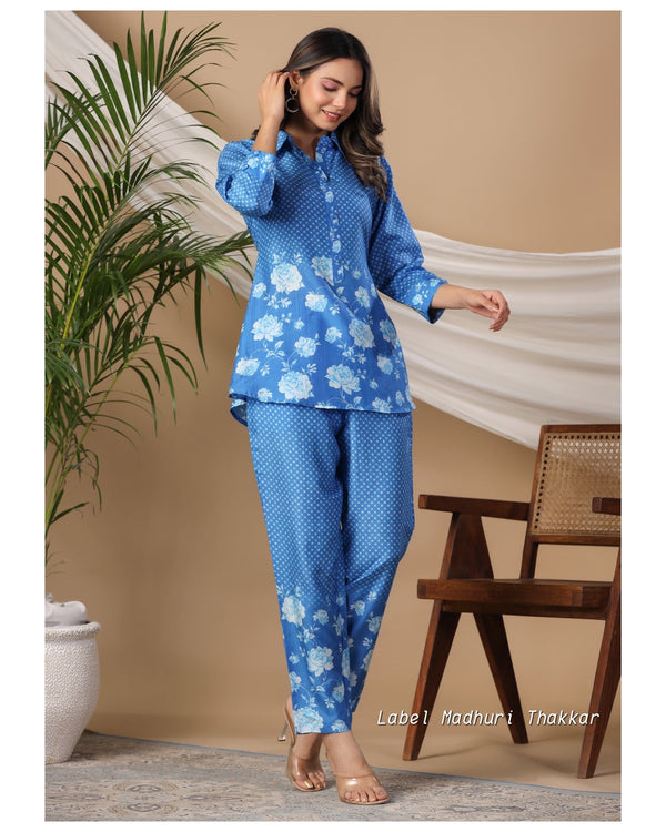 Blue Digital Print Muslin Co-ord Set