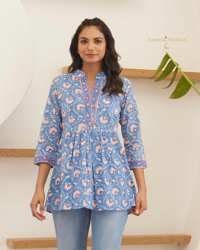 Sky Blue Floral Cotton Tunic