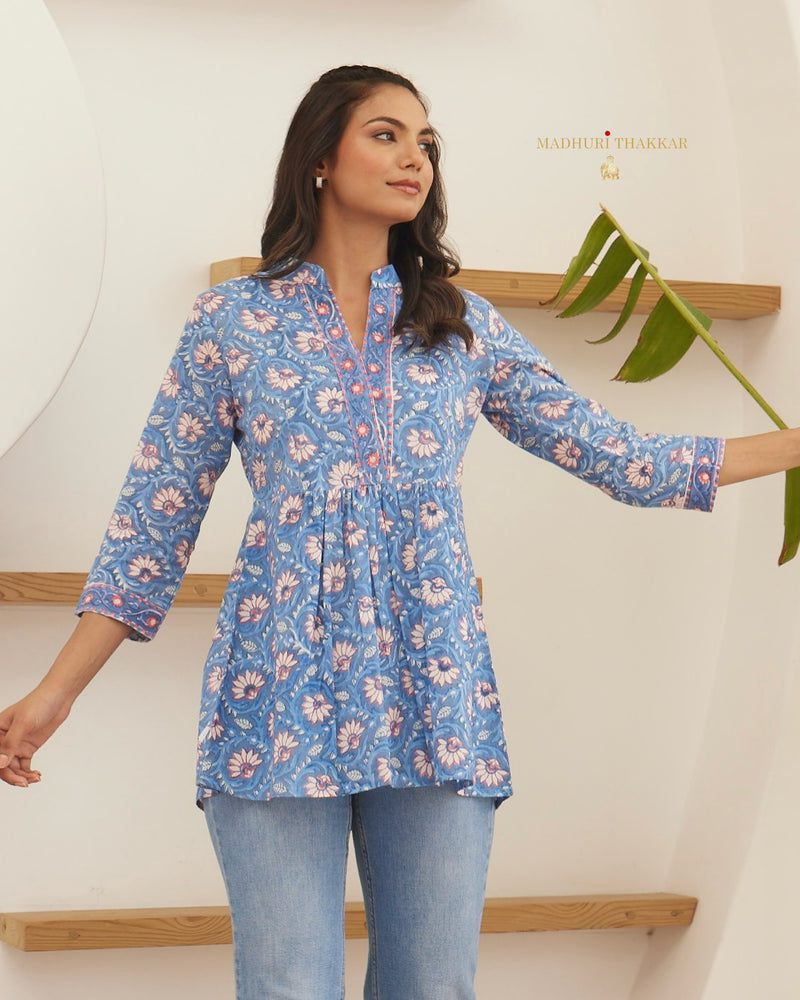 Sky Blue Floral Cotton Tunic