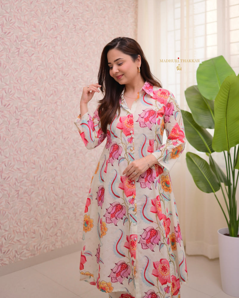 Ivory Pink Floral A Line Premium Cotton Co-ord