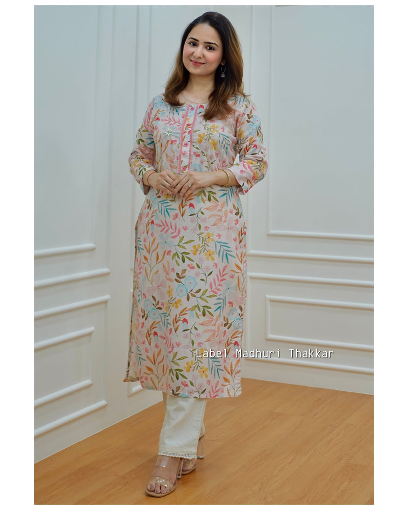 Linen Floral Kurta Set