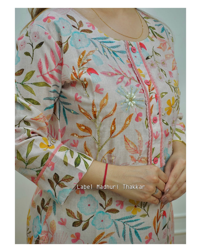 Linen Floral Kurta Set