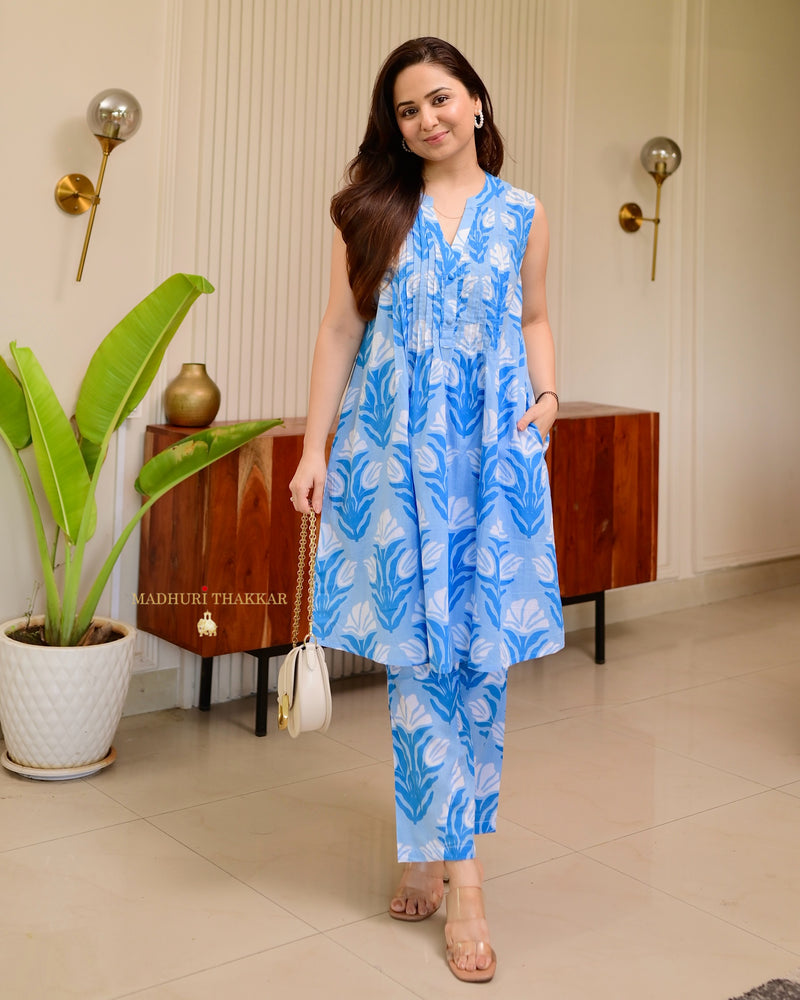 Shades of Blue Floral Pintex Premium Cotton Co-ord