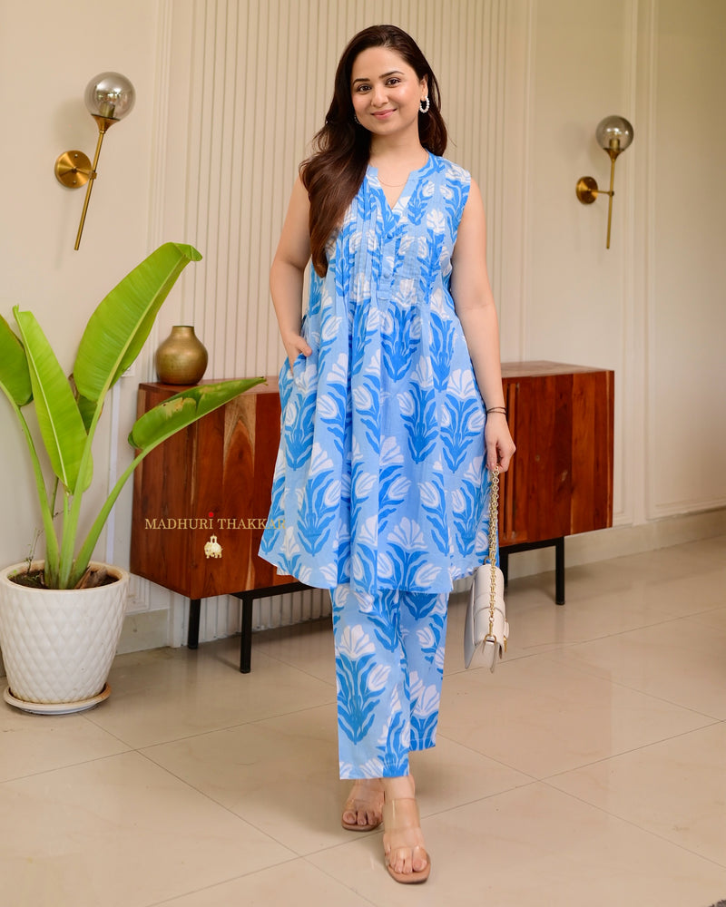 Shades of Blue Floral Pintex Premium Cotton Co-ord