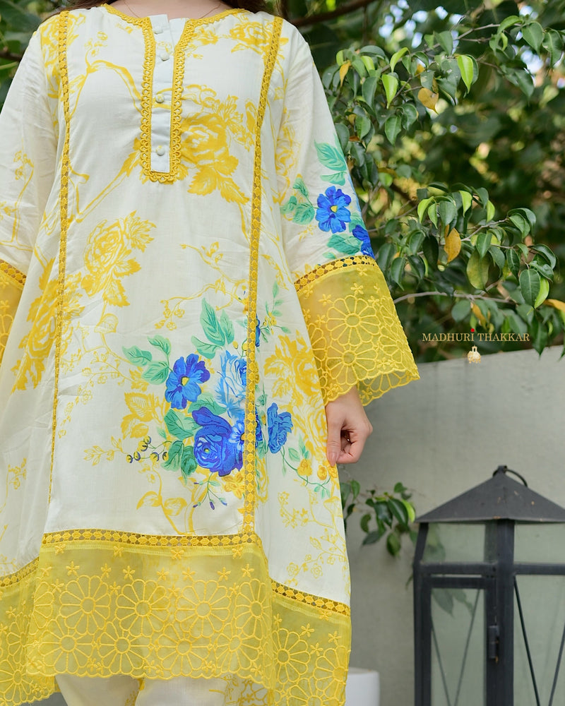 Ivory Yellow Floral Printed Pakistani Cotton Suit