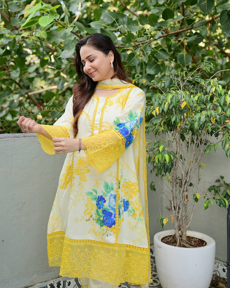 Ivory Yellow Floral Printed Pakistani Cotton Suit