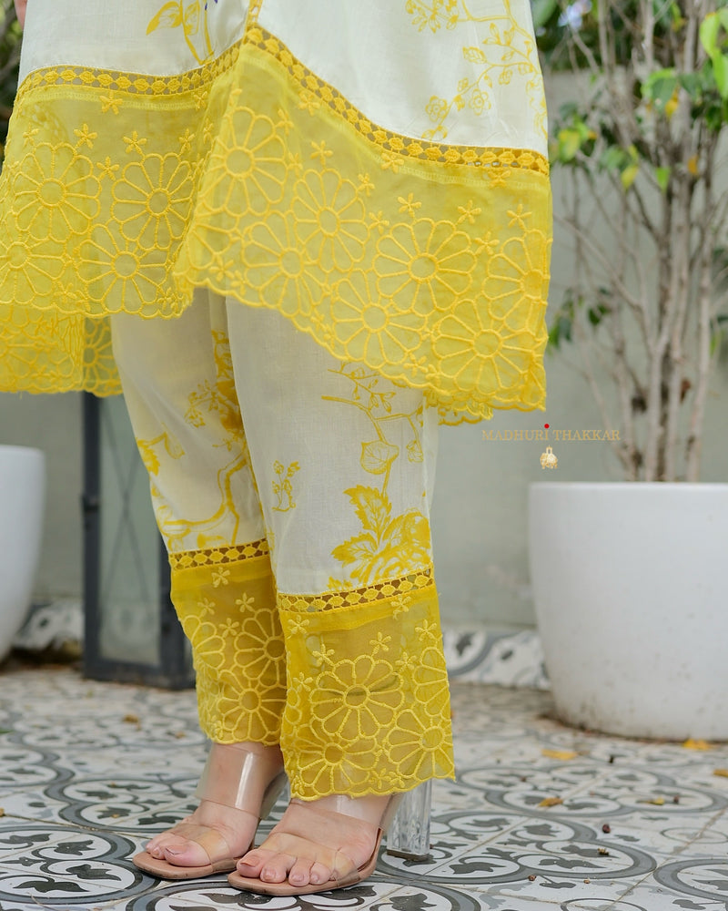 Ivory Yellow Floral Printed Pakistani Cotton Suit