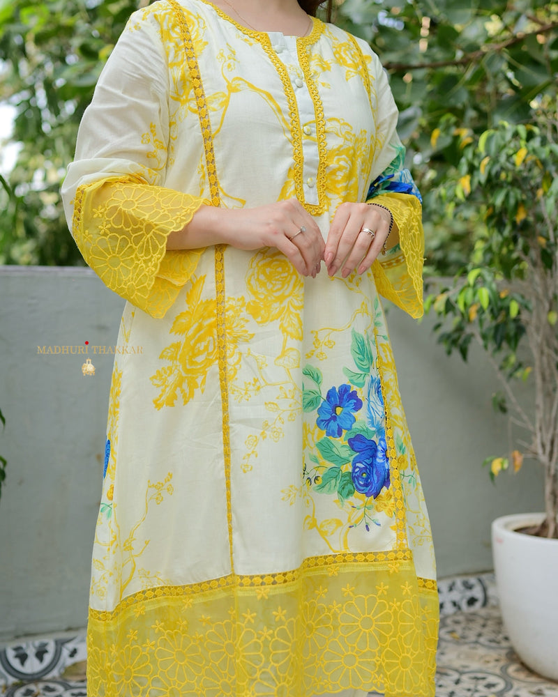 Ivory Yellow Floral Printed Pakistani Cotton Suit