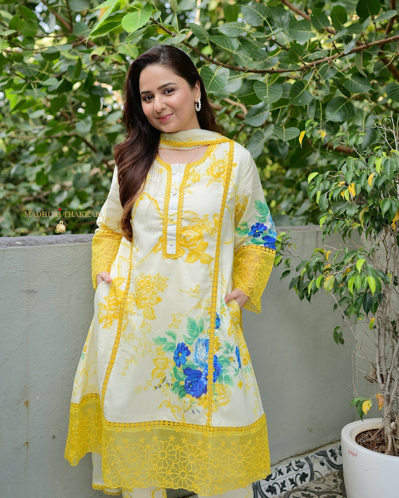 Ivory Yellow Floral Printed Pakistani Cotton Suit