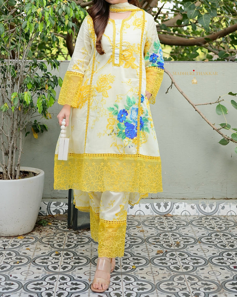 Ivory Yellow Floral Printed Pakistani Cotton Suit