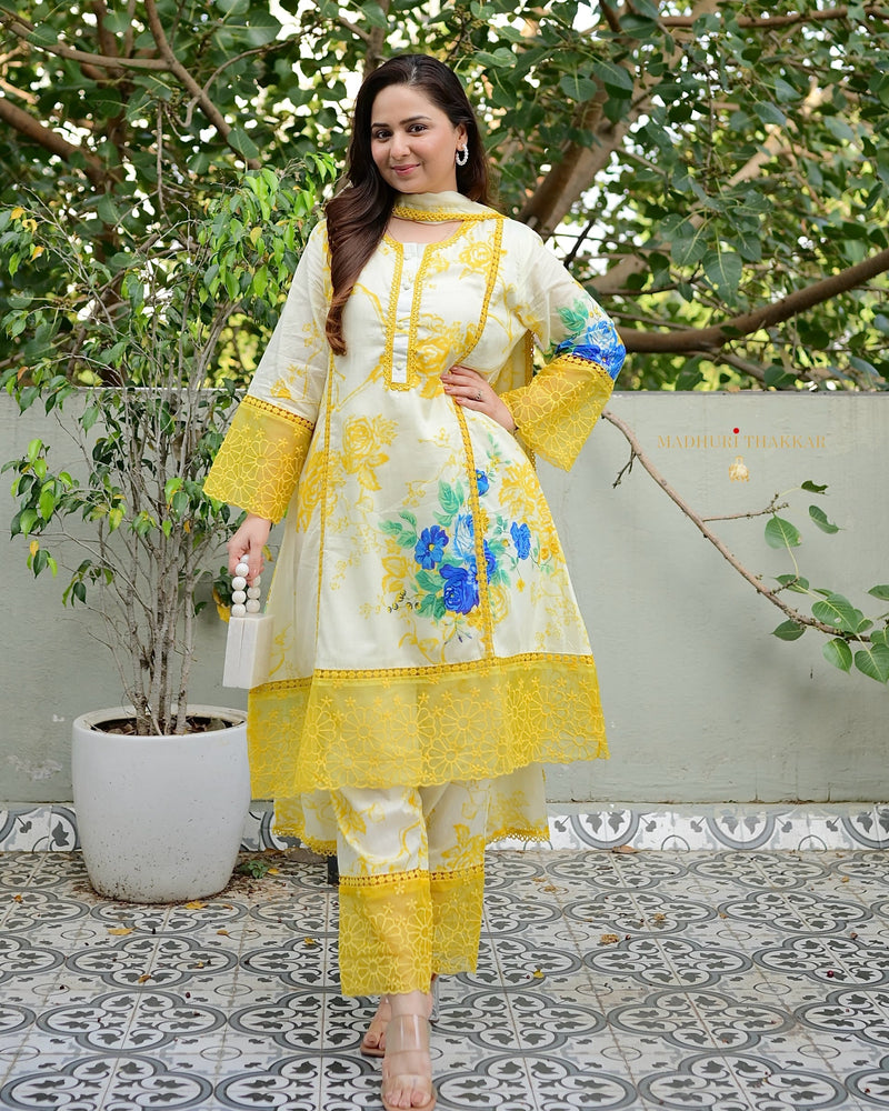 Ivory Yellow Floral Printed Pakistani Cotton Suit