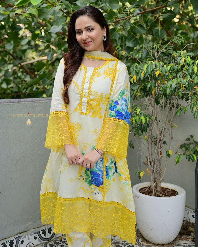 Ivory Yellow Floral Printed Pakistani Cotton Suit