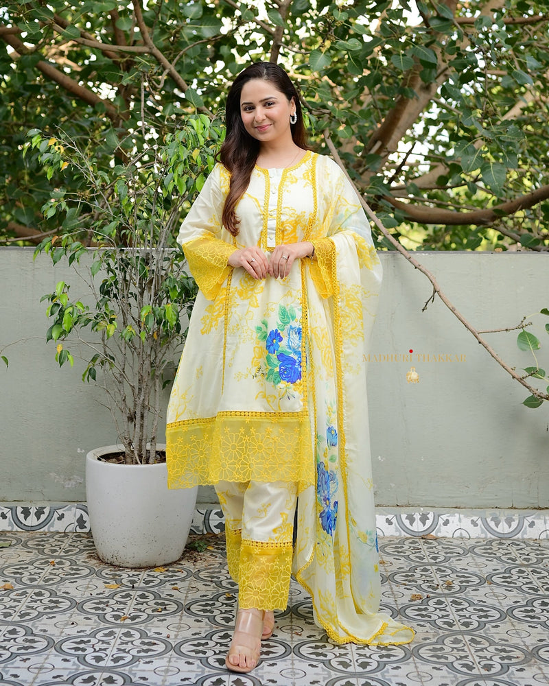 Ivory Yellow Floral Printed Pakistani Cotton Suit