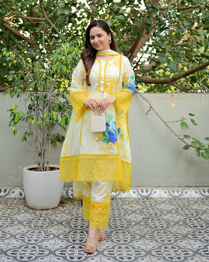 Ivory Yellow Floral Printed Pakistani Cotton Suit