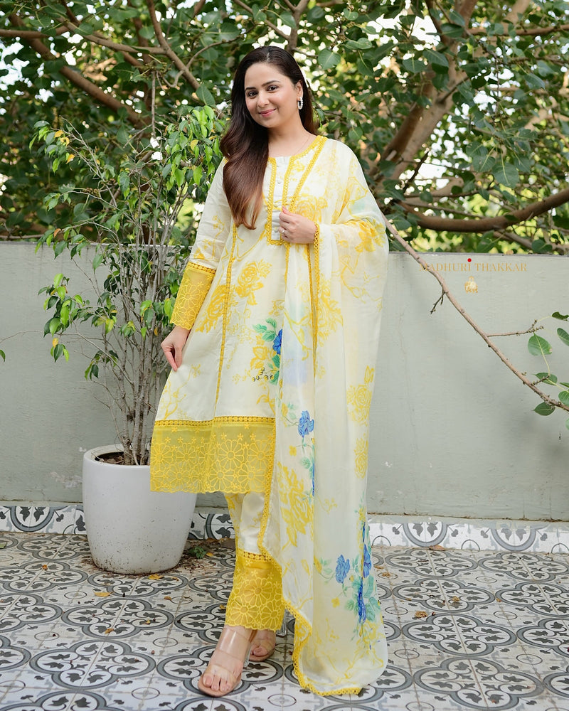 Ivory Yellow Floral Printed Pakistani Cotton Suit