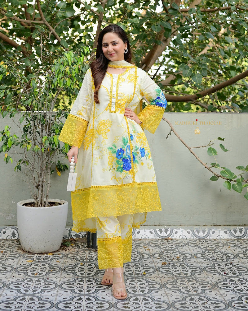 Ivory Yellow Floral Printed Pakistani Cotton Suit