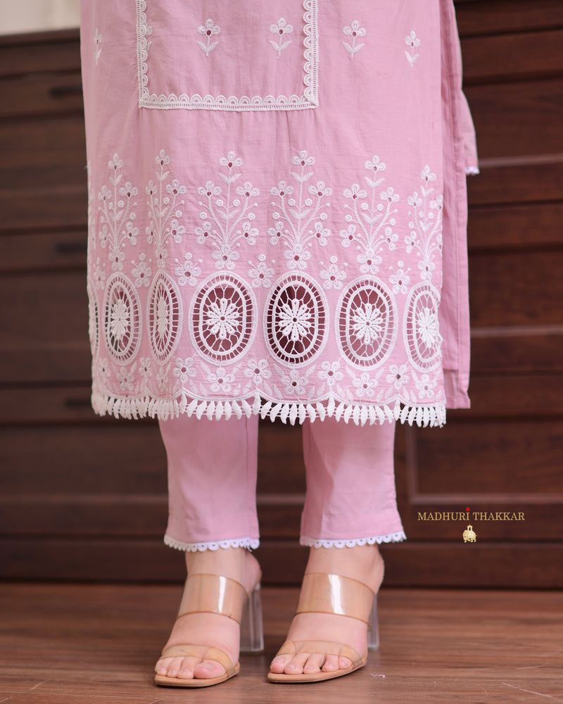 Lilac Schiffli Mul Cotton Pakistani Suit