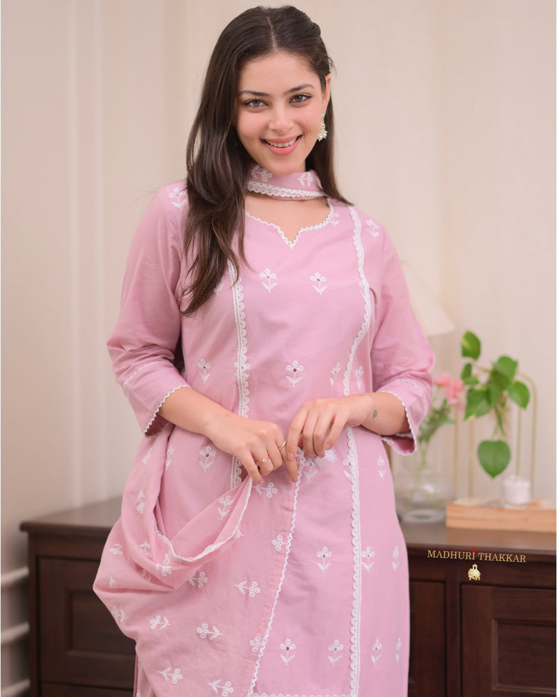 Lilac Schiffli Mul Cotton Pakistani Suit