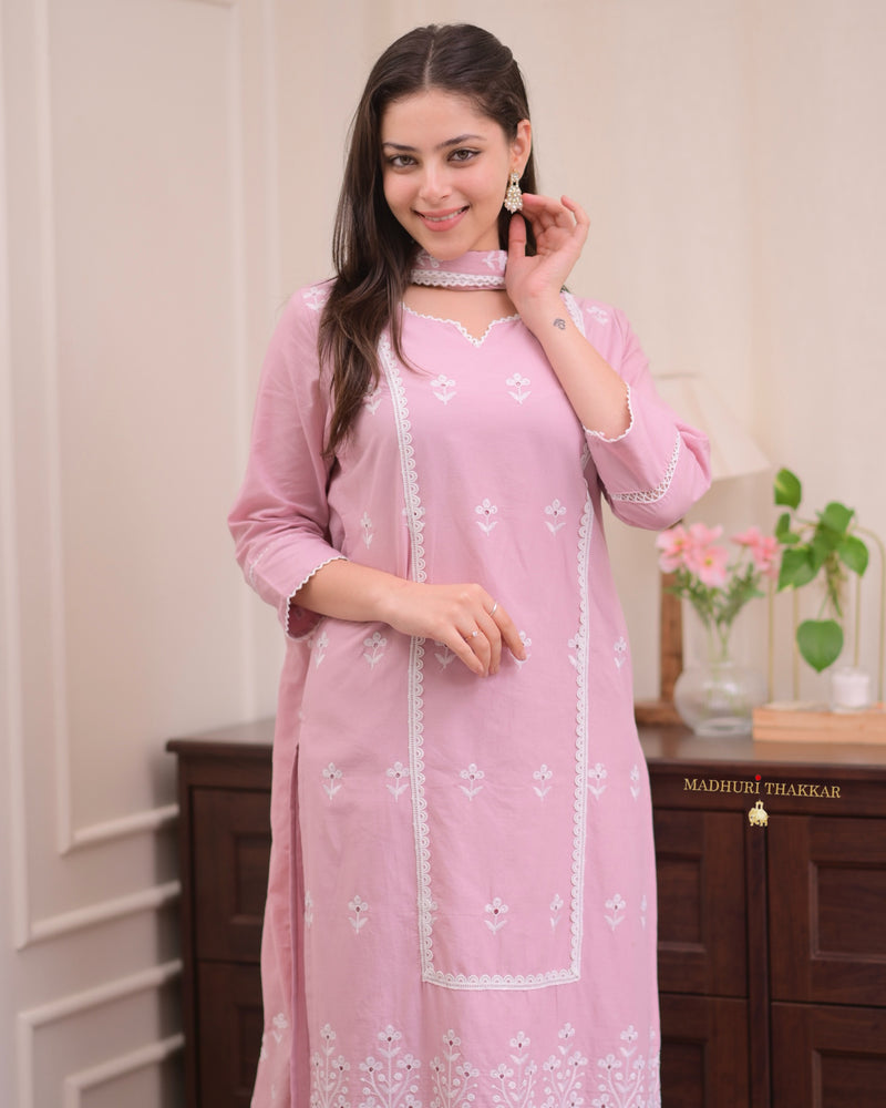 Lilac Schiffli Mul Cotton Pakistani Suit