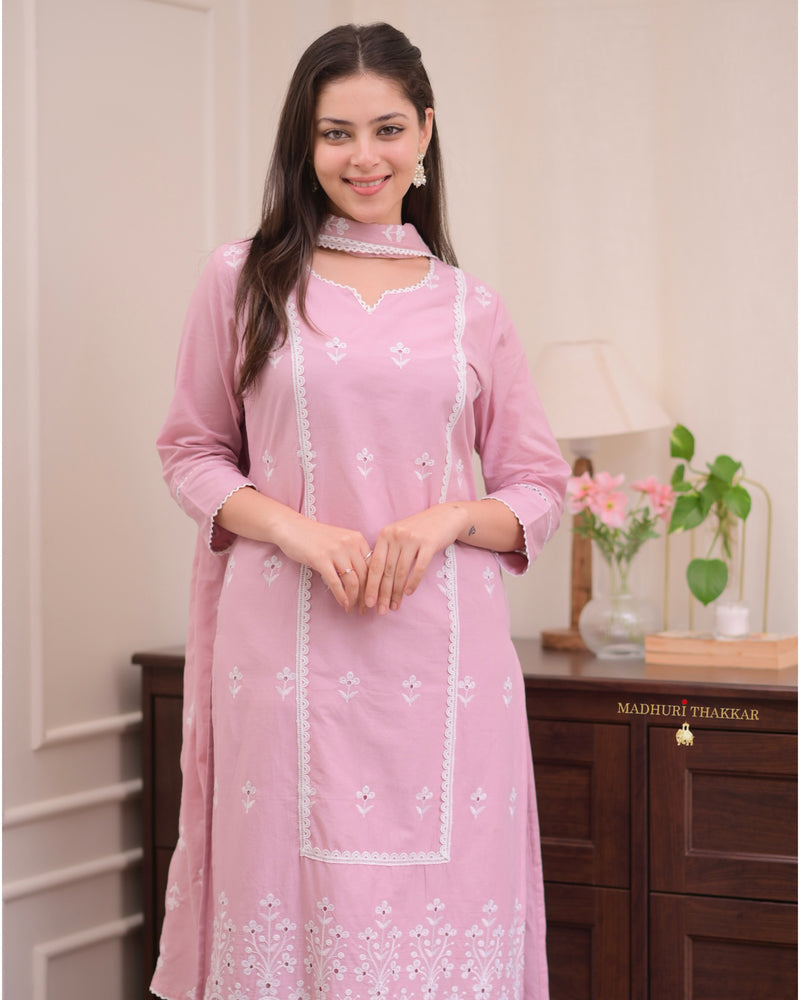 Lilac Schiffli Mul Cotton Pakistani Suit