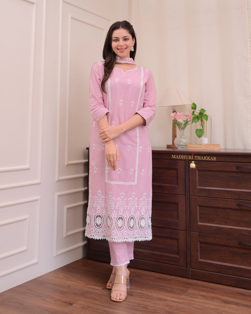 Lilac Schiffli Mul Cotton Pakistani Suit