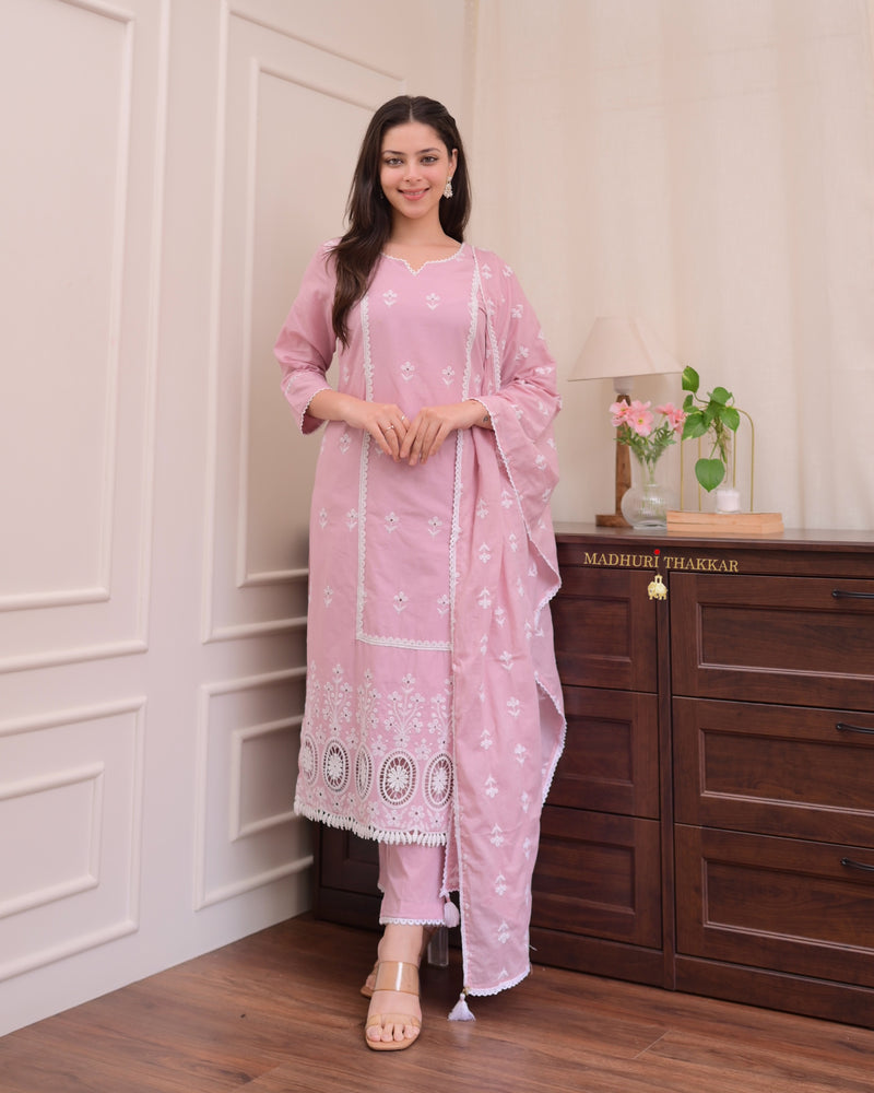 Lilac Schiffli Mul Cotton Pakistani Suit