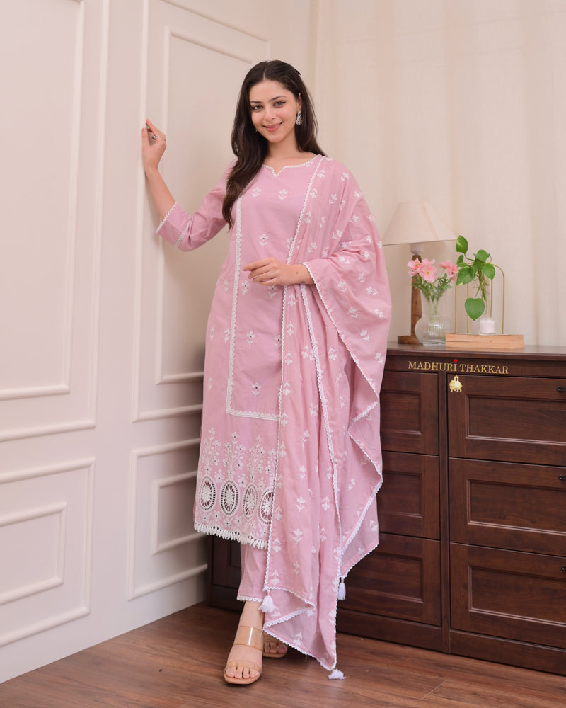 Lilac Schiffli Mul Cotton Pakistani Suit