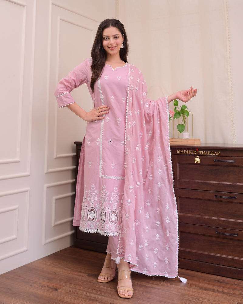 Lilac Schiffli Mul Cotton Pakistani Suit