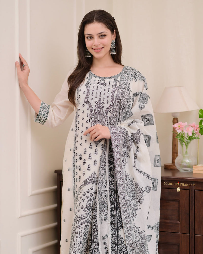 White Black Cotton Chanderi Jacquard Threadwork Suit