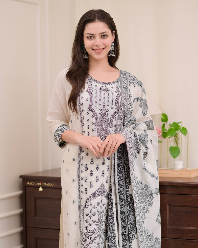 White Black Cotton Chanderi Jacquard Threadwork Suit