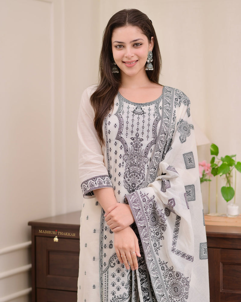 White Black Cotton Chanderi Jacquard Threadwork Suit