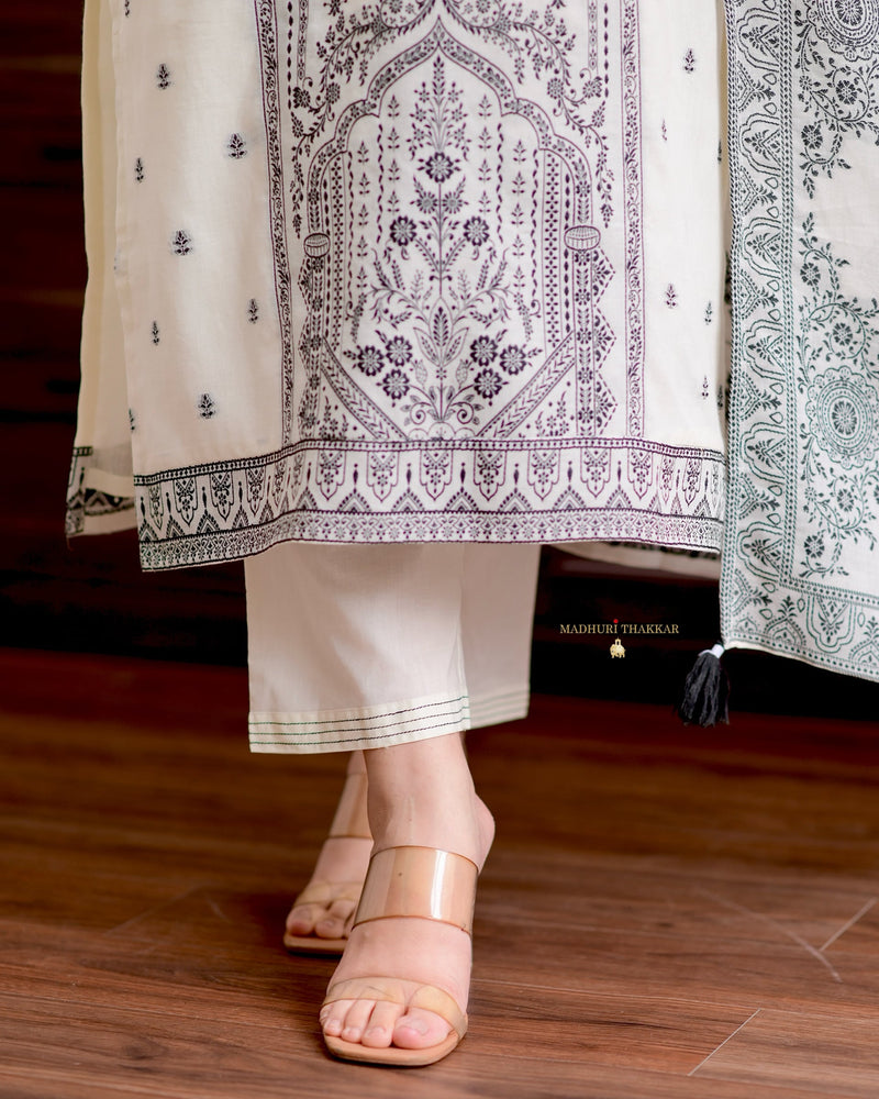 White Black Cotton Chanderi Jacquard Threadwork Suit