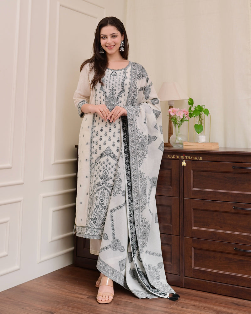 White Black Cotton Chanderi Jacquard Threadwork Suit