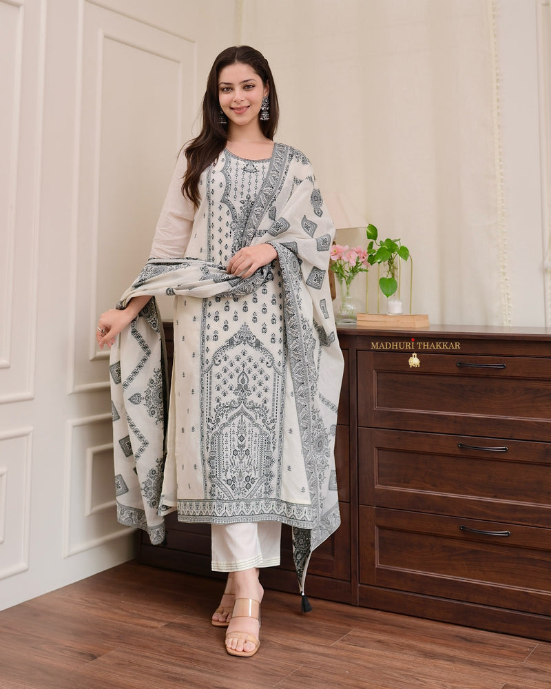 White Black Cotton Chanderi Jacquard Threadwork Suit