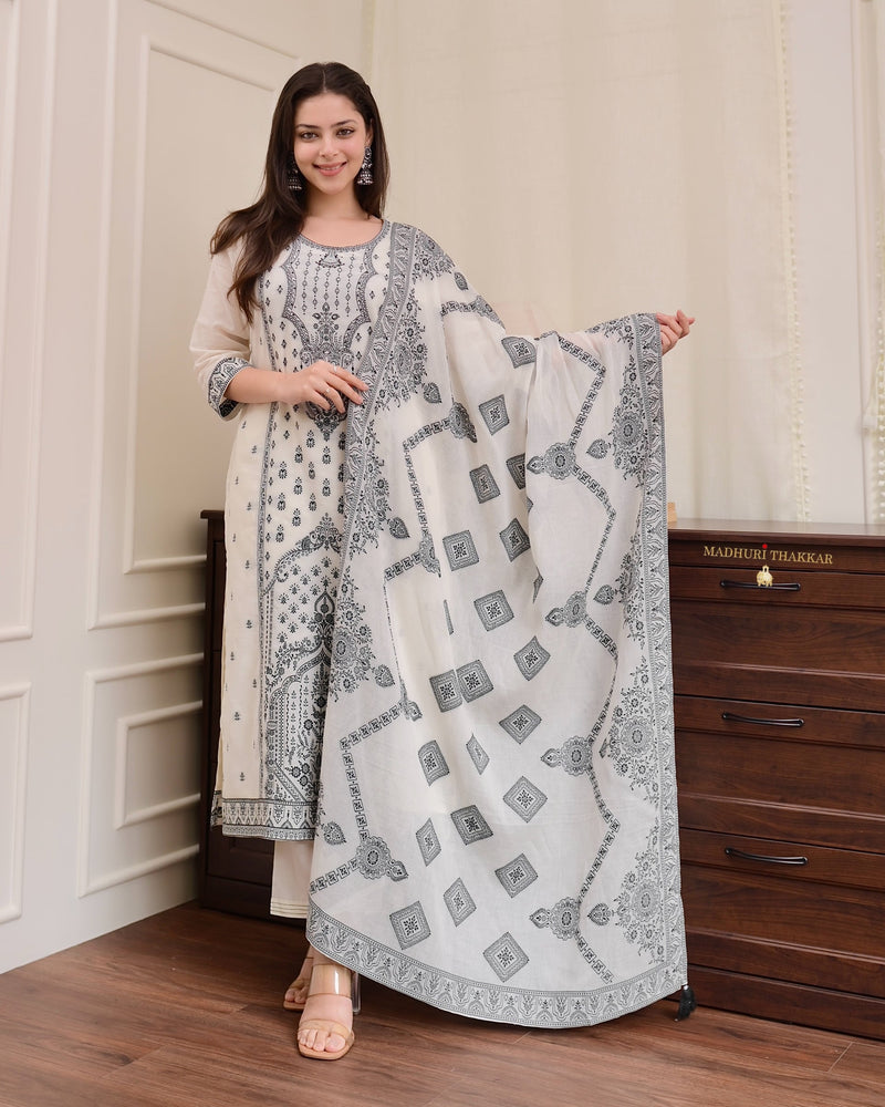 White Black Cotton Chanderi Jacquard Threadwork Suit