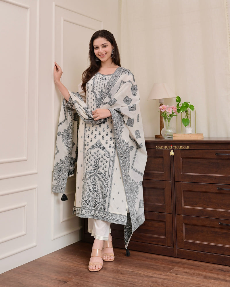 White Black Cotton Chanderi Jacquard Threadwork Suit