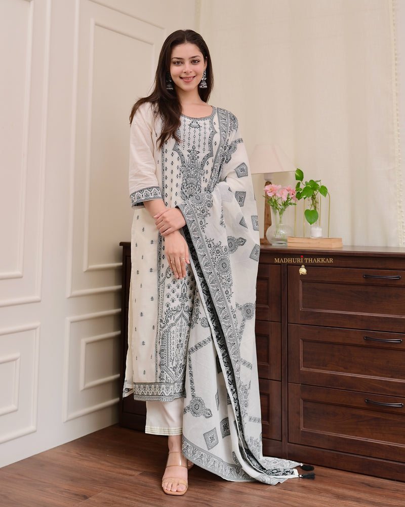 White Black Cotton Chanderi Jacquard Threadwork Suit