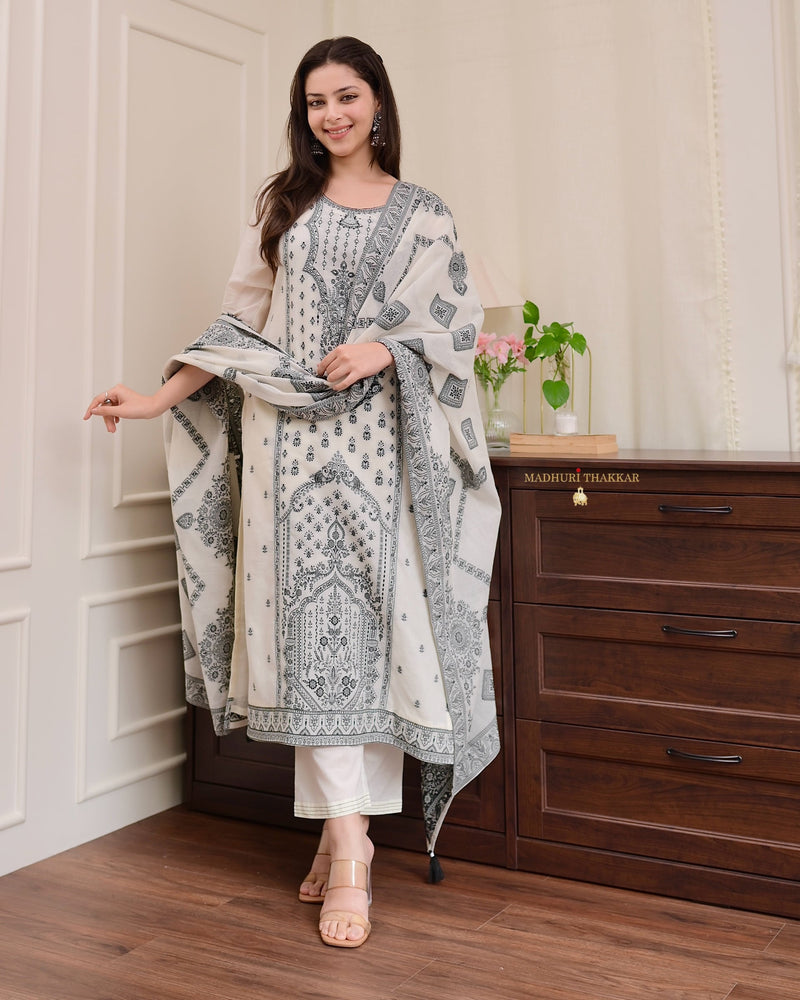 White Black Cotton Chanderi Jacquard Threadwork Suit