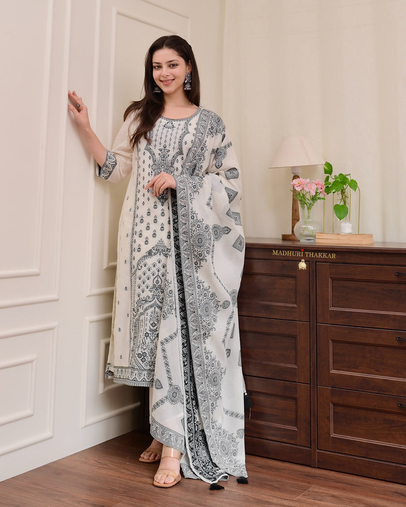 White Black Cotton Chanderi Jacquard Threadwork Suit