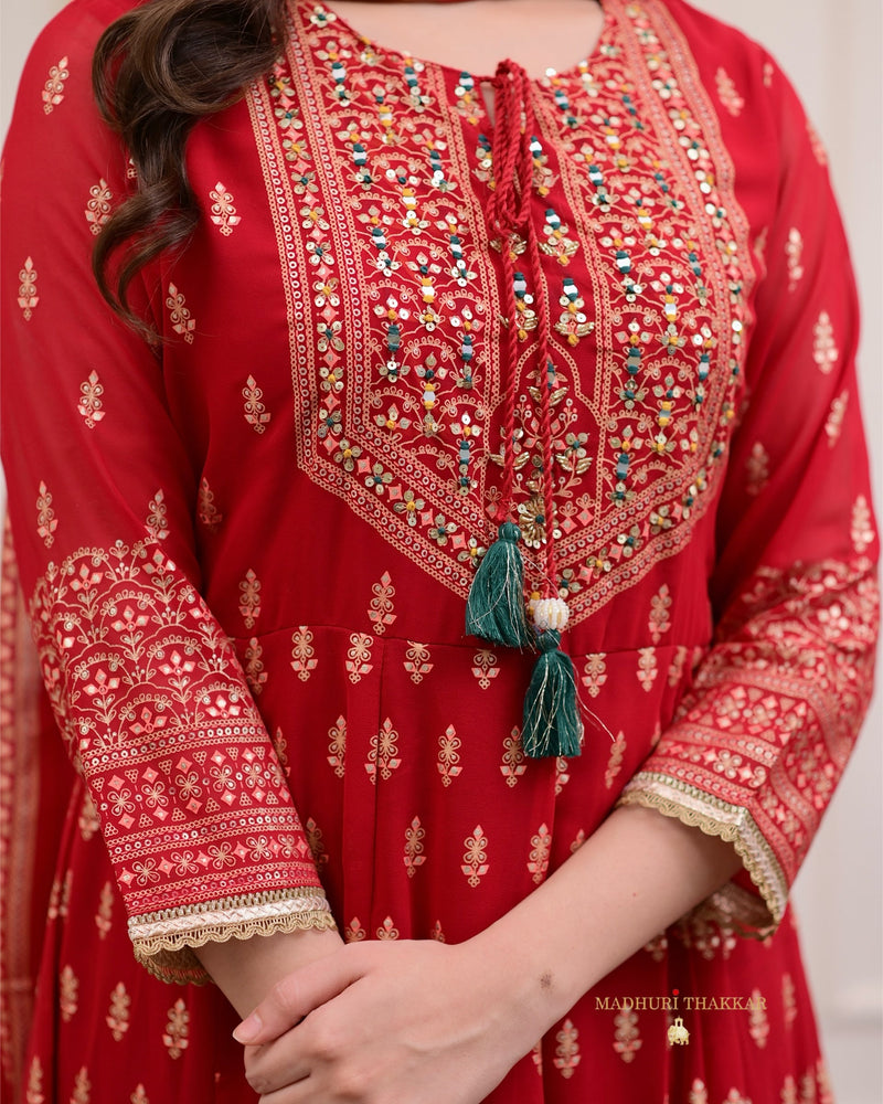 Red Handwork Georgette Anarkali Suit