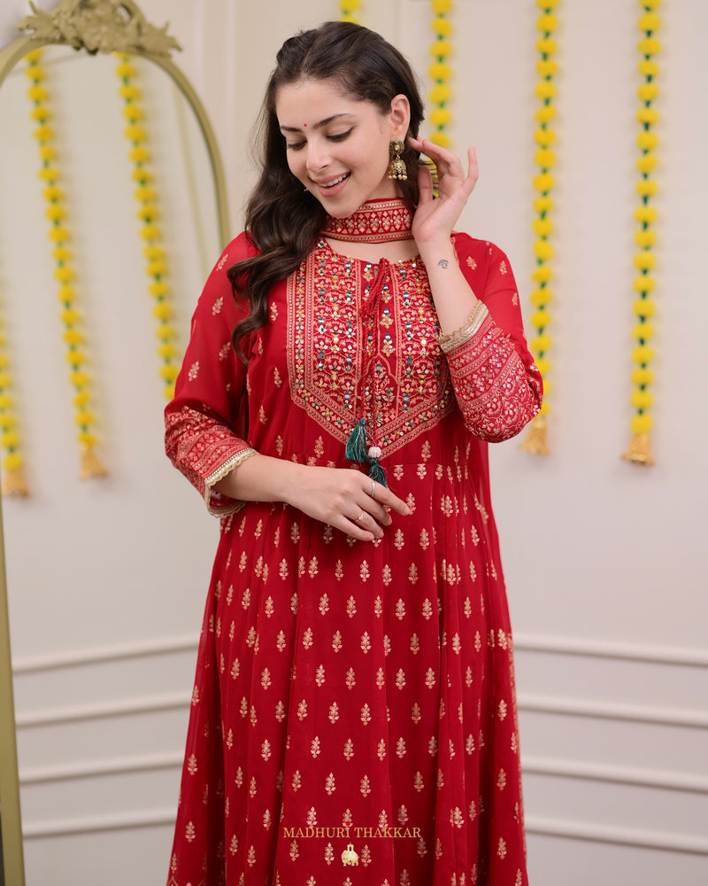 Red Handwork Georgette Anarkali Suit