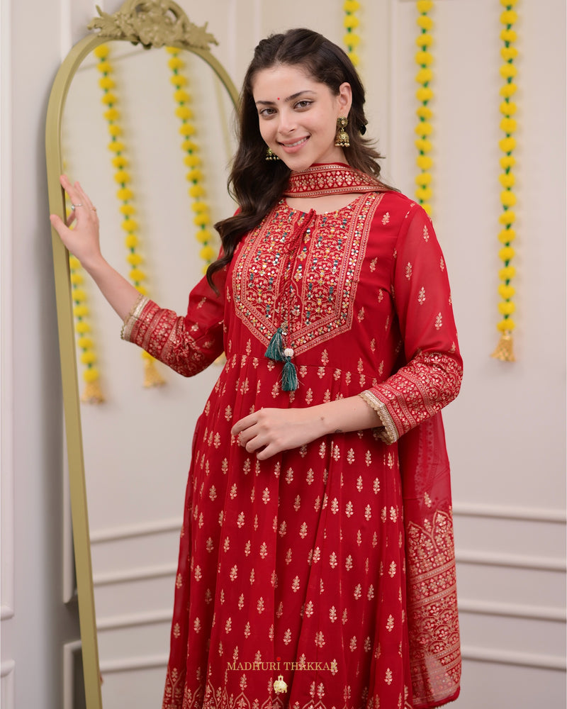 Red Handwork Georgette Anarkali Suit