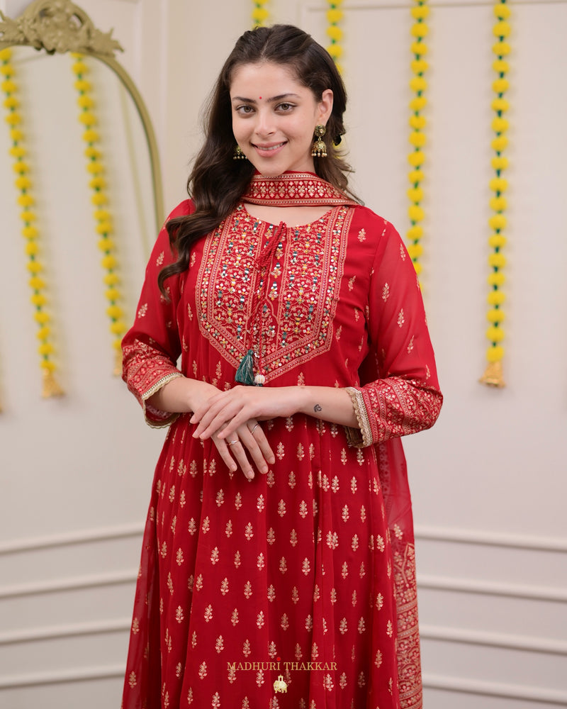 Red Handwork Georgette Anarkali Suit